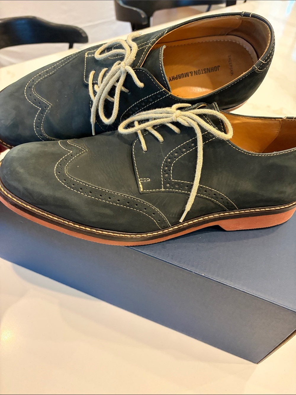Johnston & Murphy Men’s  12 Dark Blue Wingtip Derby with Dark red Sole.